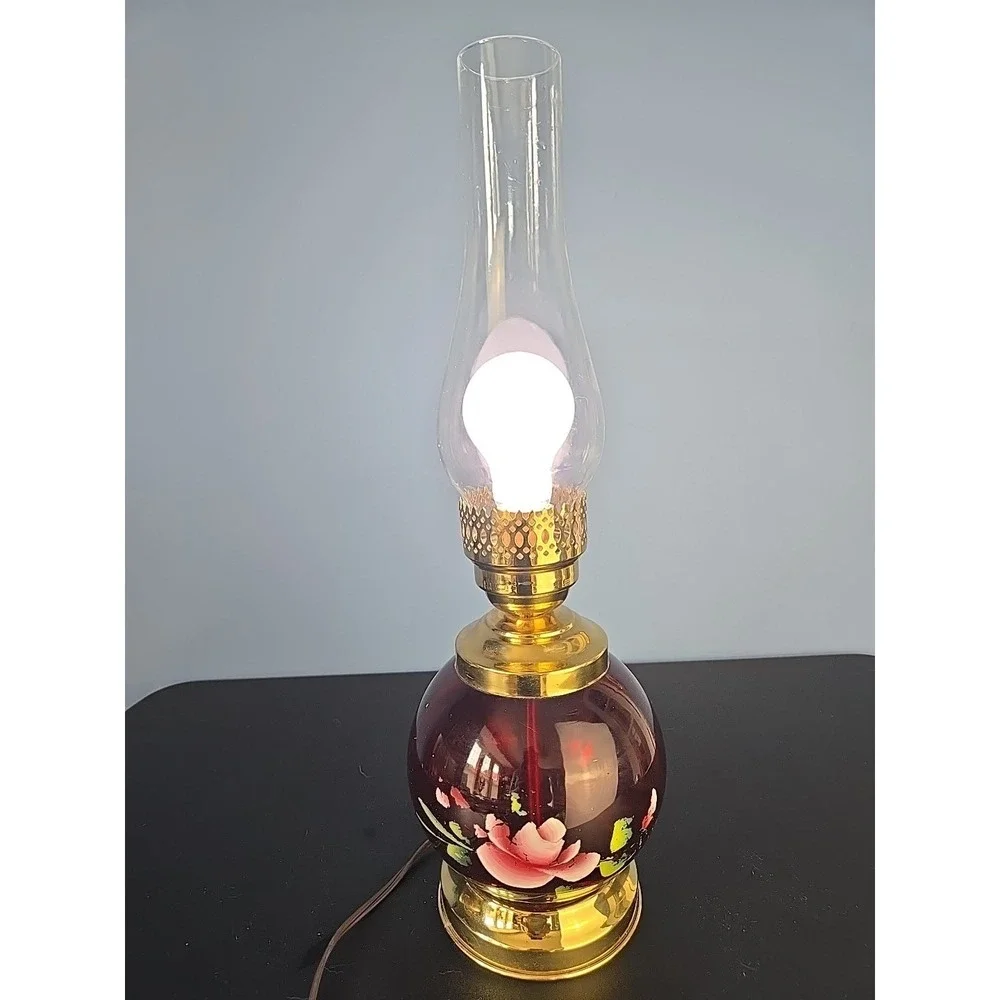 Vtg‎ CRANBERRY RUBY RED Hand Painted GLASS Globe Hurricane LAMP BRASS BASE